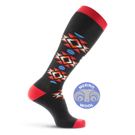 MudGear Mesa Horizon tall compression sock in black with red cuff and geometric pattern detail
