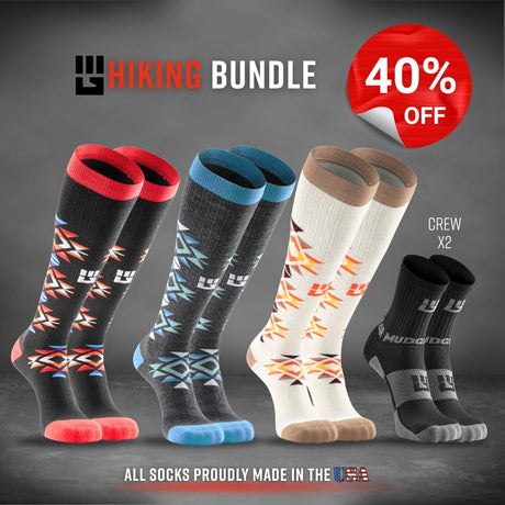 Hiking Bundle displaying four MudGear sock styles in red, blue, tan, and black colorways with geometric patterns