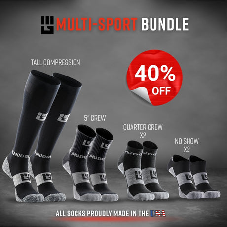 Multi-Sport Bundle Black showing four sock heights: tall compression, 5 inch crew, quarter crew, and no-show socks