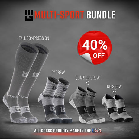 MudGear Multi-Sport Bundle gray socks showing tall compression, 5 inch crew, quarter crew, and no-show heights