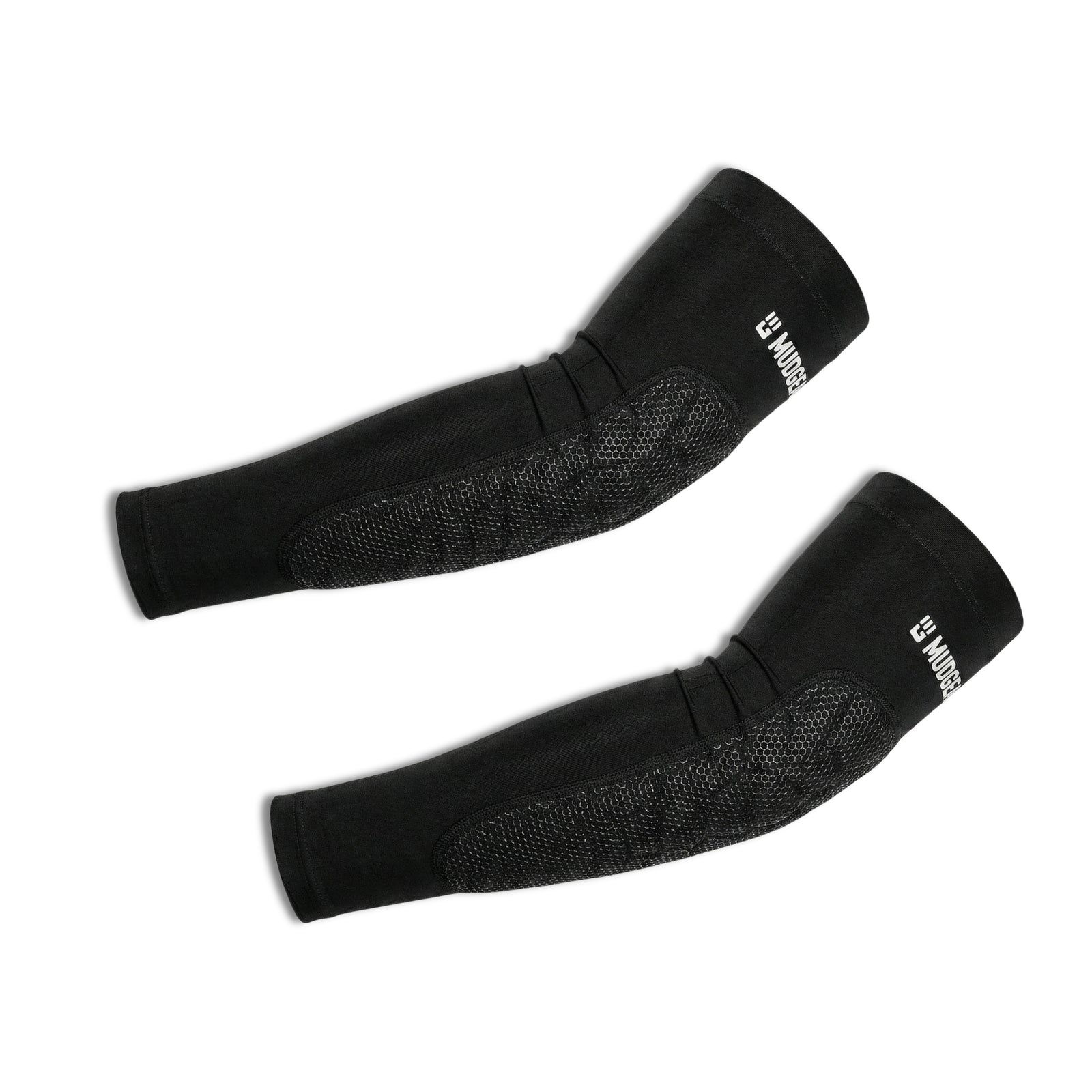 Black padded arm sleeves with mesh panels and elastic cuffs, pair displayed flat