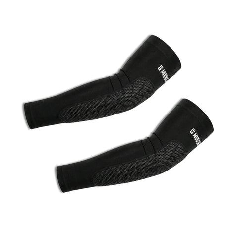 Black padded arm sleeves with mesh panels and elastic cuffs, pair displayed flat