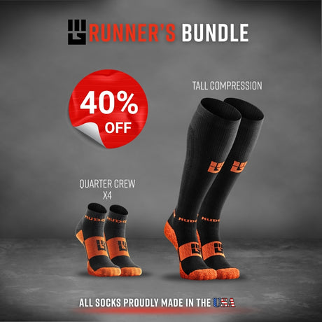 Runner's Bundle with quarter crew and tall compression socks in black and orange