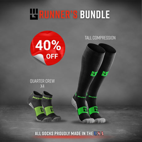 Runner's Bundle with quarter crew and tall compression socks in black and green