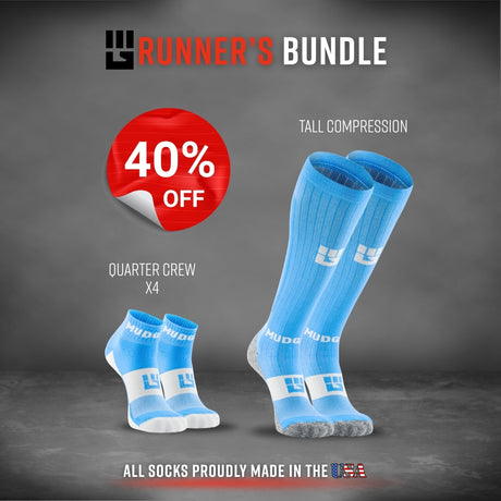 Runner's Bundle Neon Blue showing quarter crew and tall compression socks