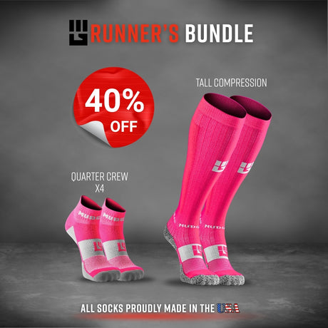 Runner's Bundle with pink quarter crew trail socks and tall compression socks