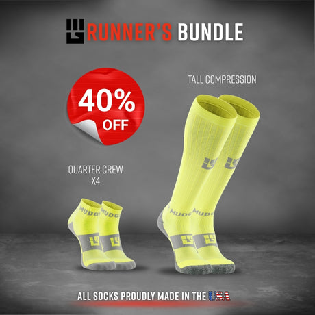Neon yellow quarter crew and tall compression socks displayed side by side