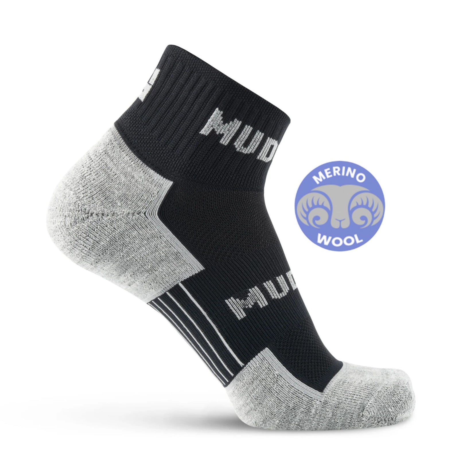 MudGear Quarter Crew Merino Wool socks in black and gray with Merino Wool badge