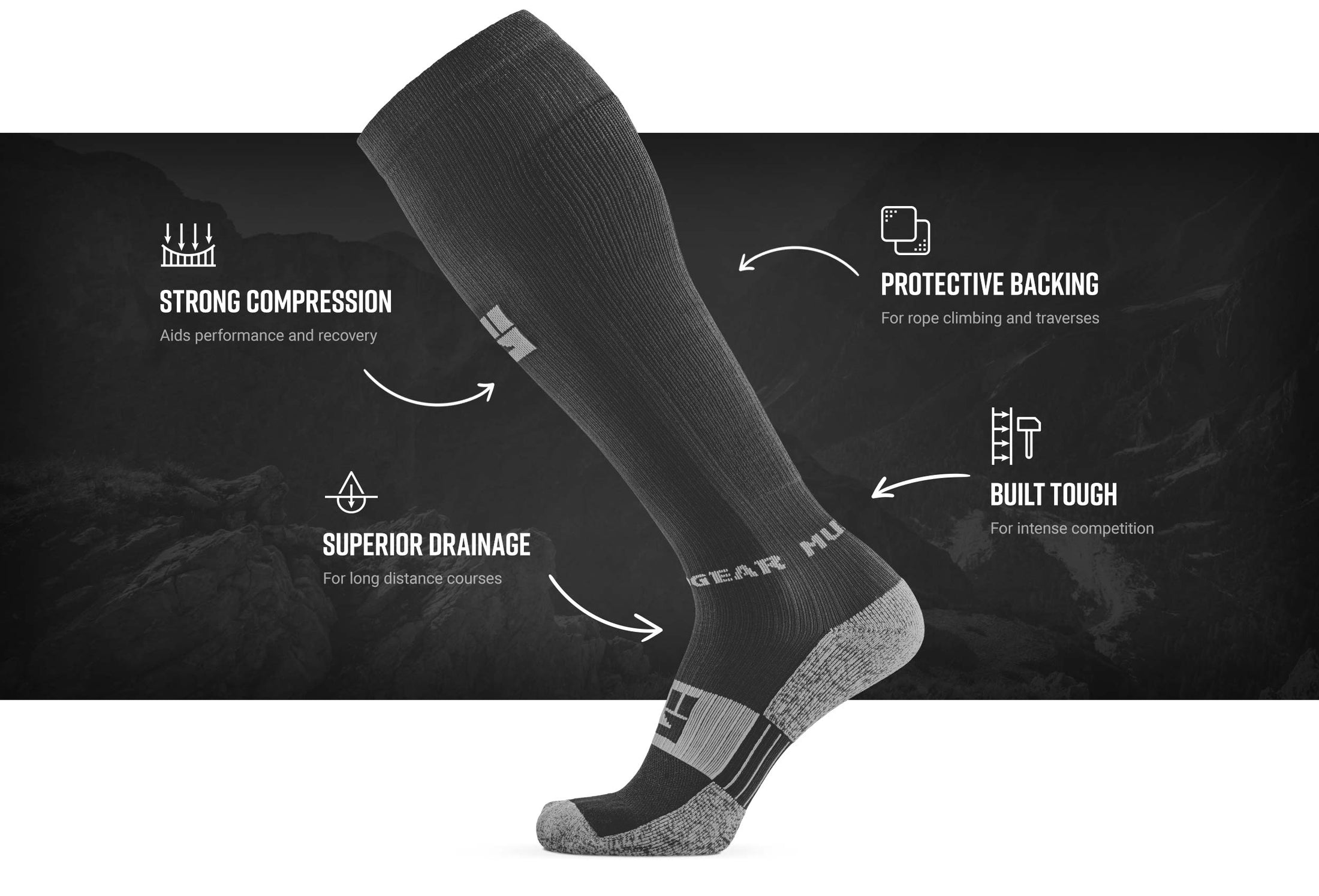 MudGear tech mudgear compression obstacle race sock gray gray — product features infographic