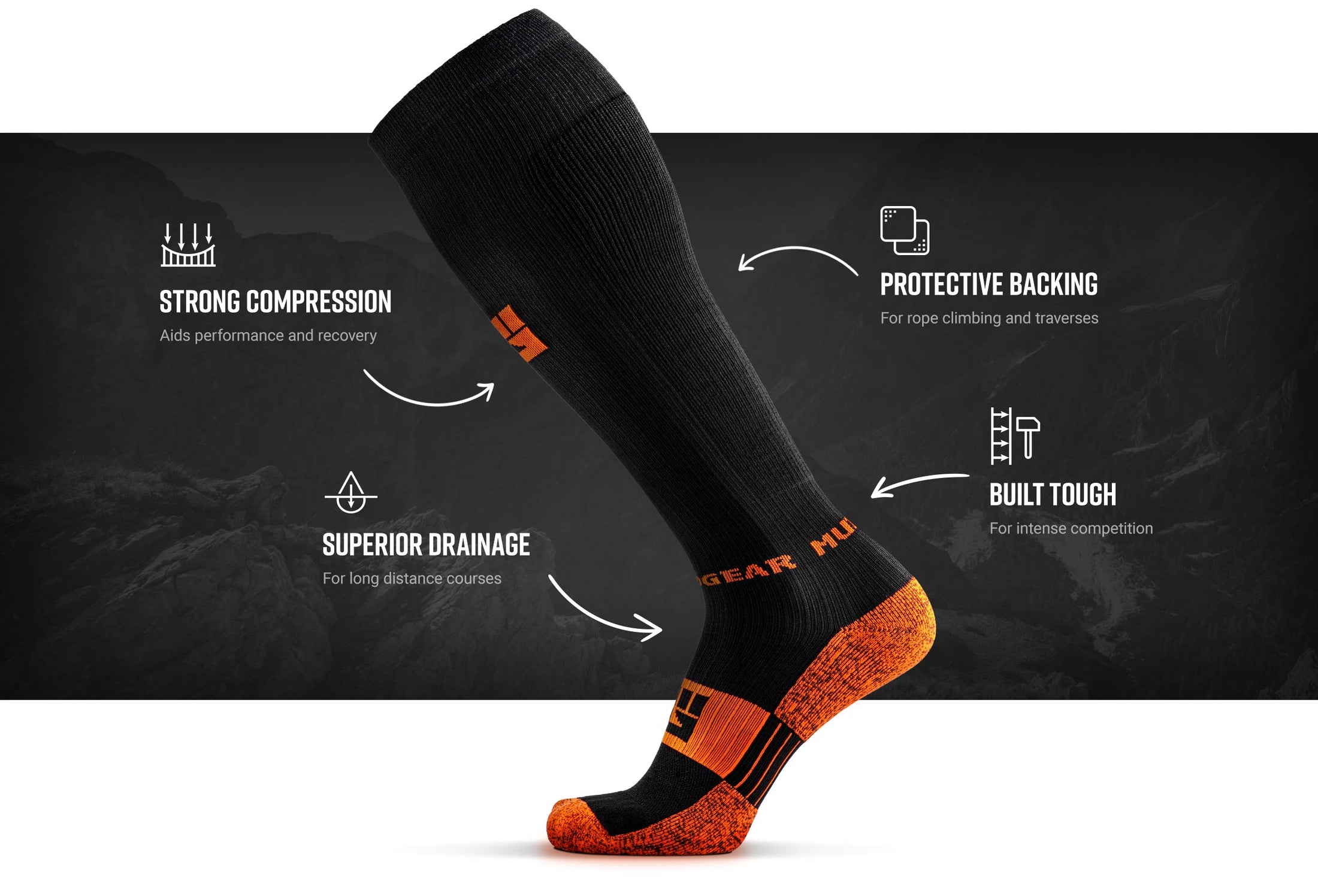 MudGear tech mudgear compression obstacle race sock — product features infographic