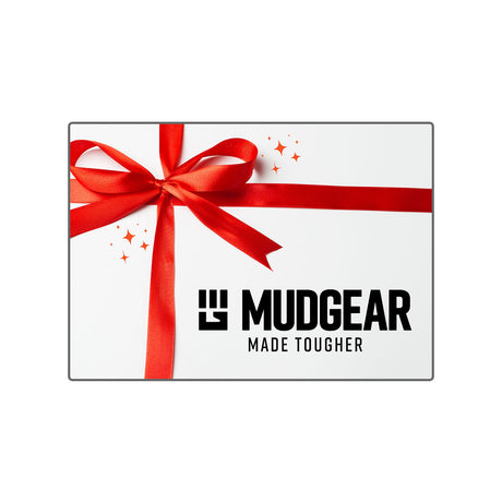MudGear gift card with red ribbon bow and sparkles on white background