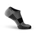Gray and black no-show running sock displayed at an angle, showing cushioned sole and low-cut ankle design