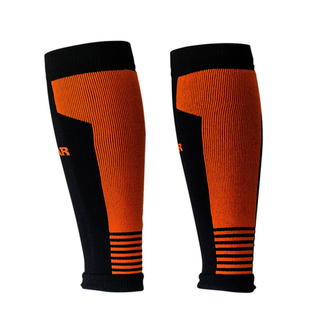 Black and orange compression calf sleeves with striped pattern on lower leg