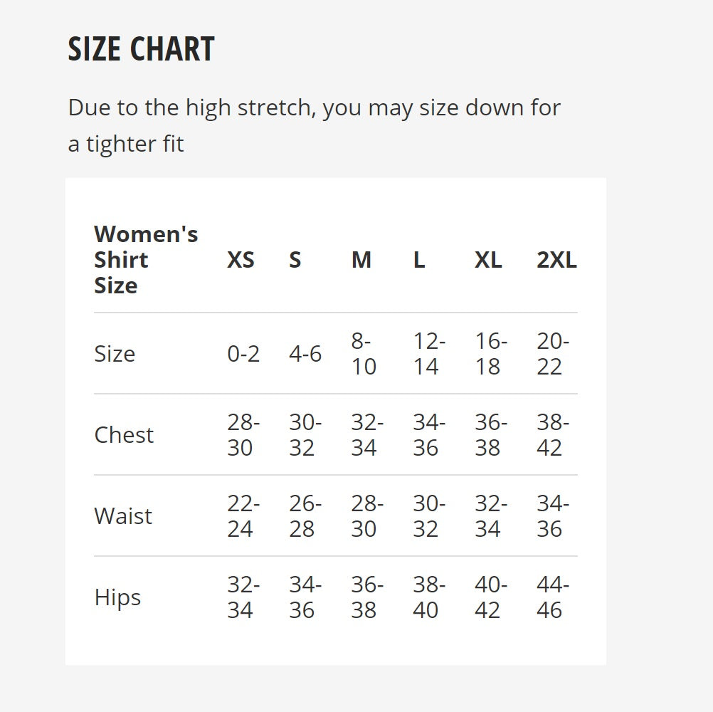 Mudgear Women’s Performance Racerback Tank Size Chart