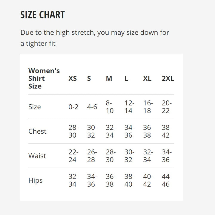 Mudgear Women’s Performance Racerback Tank Size Chart